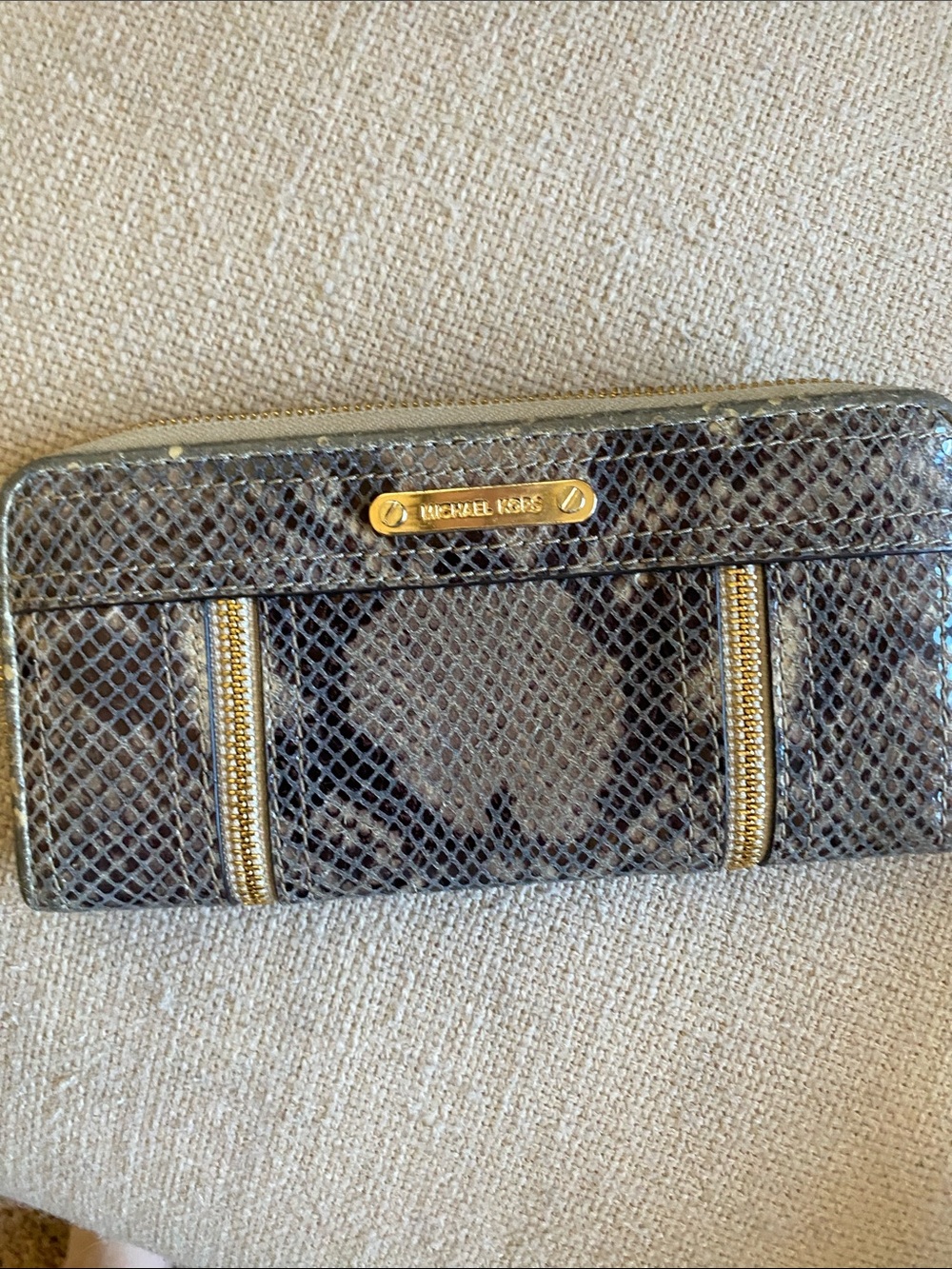 Michael Kors Brown Snake-Embossed Zip-Around Wallet with Gold Hardware